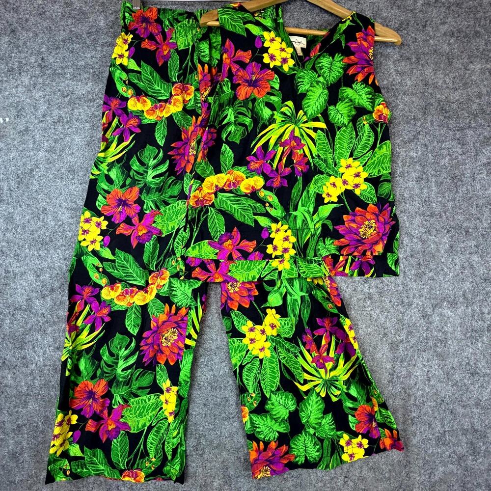 Panama Jack 2-Piece Pant Set Womens Medium Black Green Tropical Wide Leg Resort